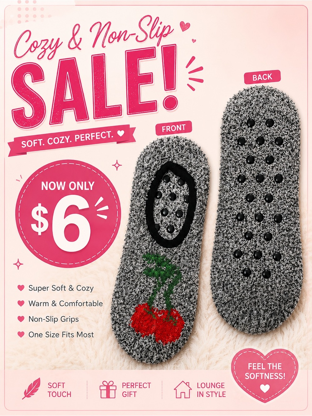 🩷. 8056. Cozy Non-Slip Cherry Grip Slipper Socks - Gray & Red